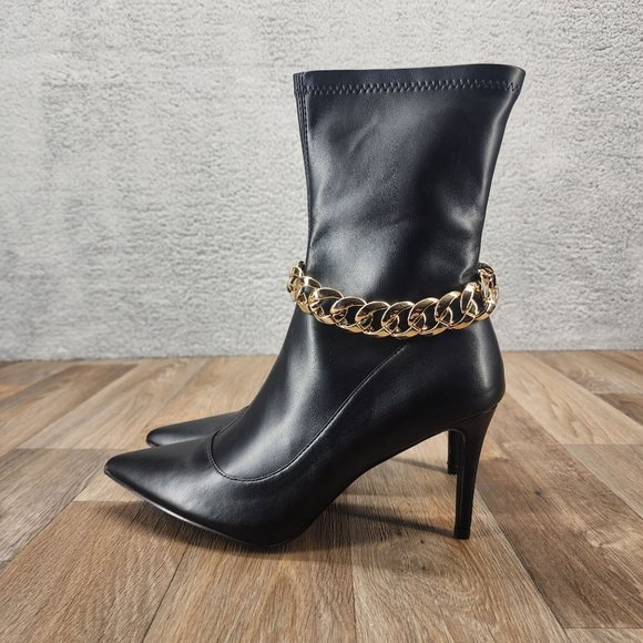 Shoe Dazzle Ayson Women's Size 10 Black High Heel Pointed Toe‎ Zip Booties Chain - Picture 2 of 9